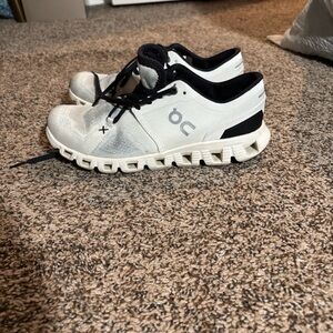 On Running White and Black Athletic Shoes Cloud X Helion